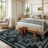Covaba aztec moroccan distressed area rug in ink black, styled in a room setting, view 2
