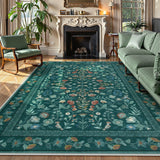 Covaba vintage floral area rug in deep green, styled in a room setting, view 7