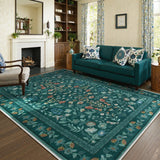 Covaba vintage floral area rug in deep green, styled in a room setting, view 10