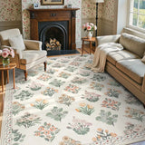 Covaba meadow floral area rug in warm beige, styled in a room setting, view 2