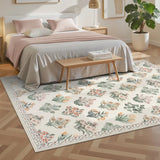 Covaba meadow floral area rug in warm beige, styled in a room setting, view 3
