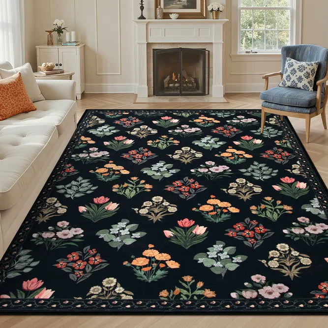 Covaba meadow floral area rug in ink black, styled in a room setting