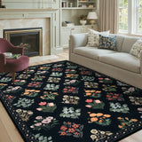 Covaba meadow floral area rug in ink black, styled in a room setting, view 2