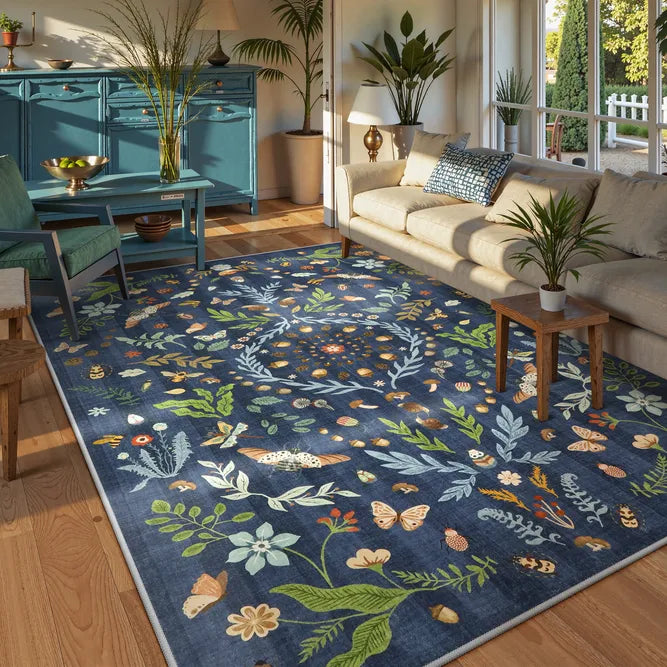 Covaba boho insect botanical floral area rug in stormy blue, styled in a room setting