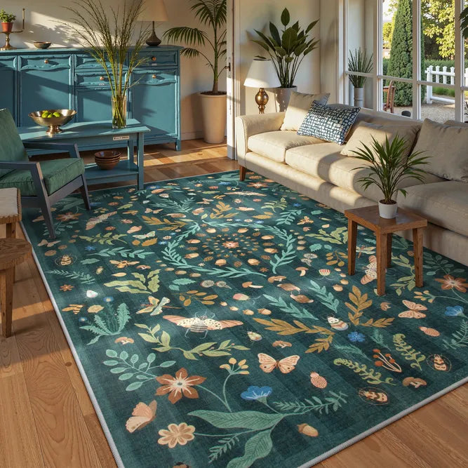 Covaba boho insect botanical floral area rug in forest fern, styled in a room setting
