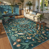 Covaba boho insect botanical floral area rug in forest fern, styled in a room setting