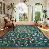 Covaba boho insect botanical floral area rug in forest fern, styled in a room setting, view 2