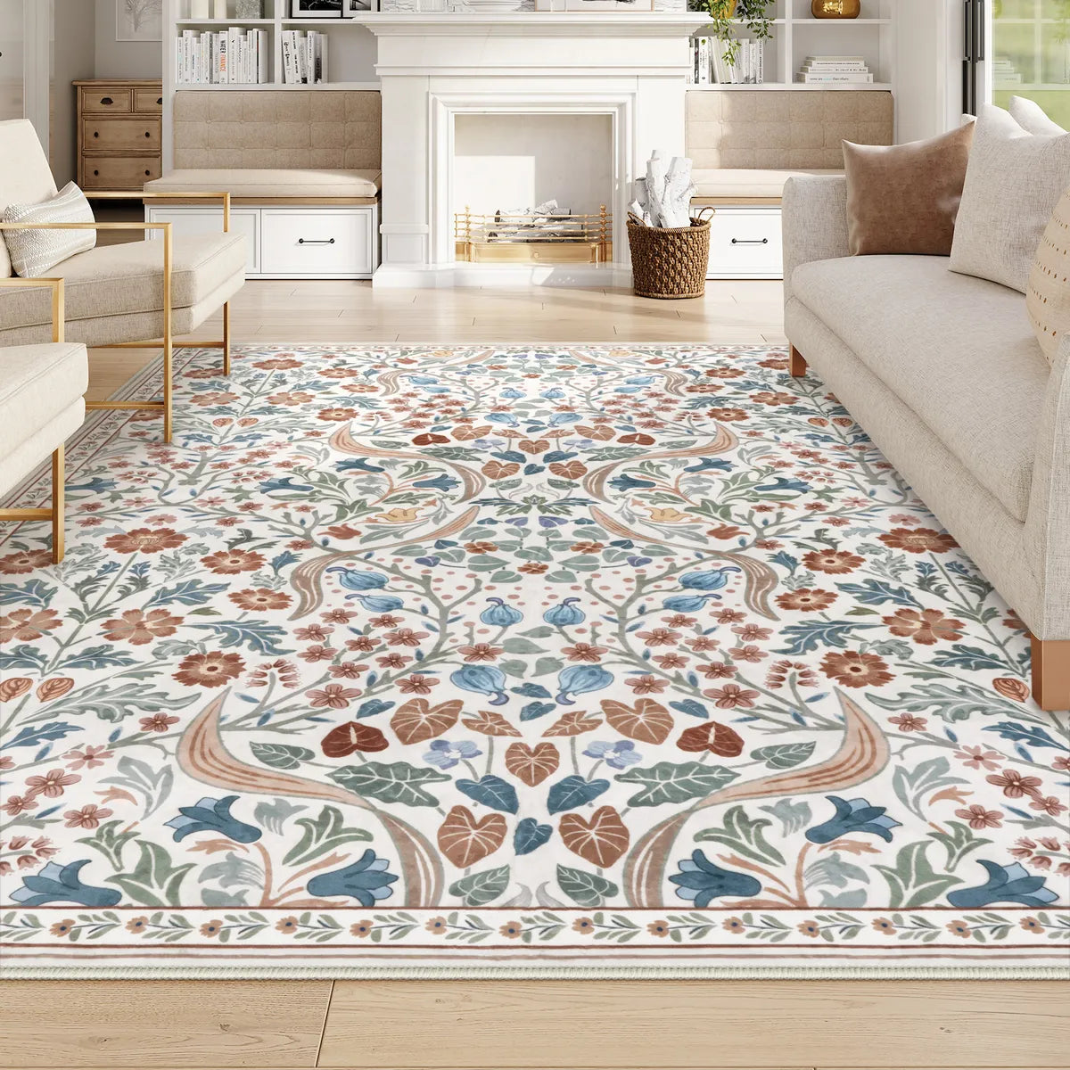 Covaba maximalism vibrant blossom floral area rug in warm beige, styled in a room setting