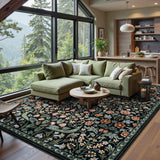 Covaba maximalism vibrant blossom floral area rug in ink black, styled in a room setting, view 8