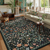 Covaba maximalism vibrant blossom floral area rug in ink black, styled in a room setting, view 2