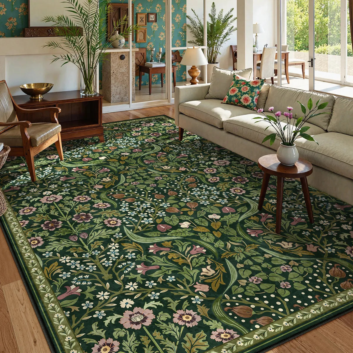 Covaba maximalism vibrant blossom floral - size deal area rug in forest fern, styled in a room setting, view 3