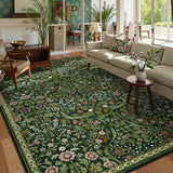Covaba maximalism vibrant blossom floral - size deal area rug in forest fern, styled in a room setting, view 3