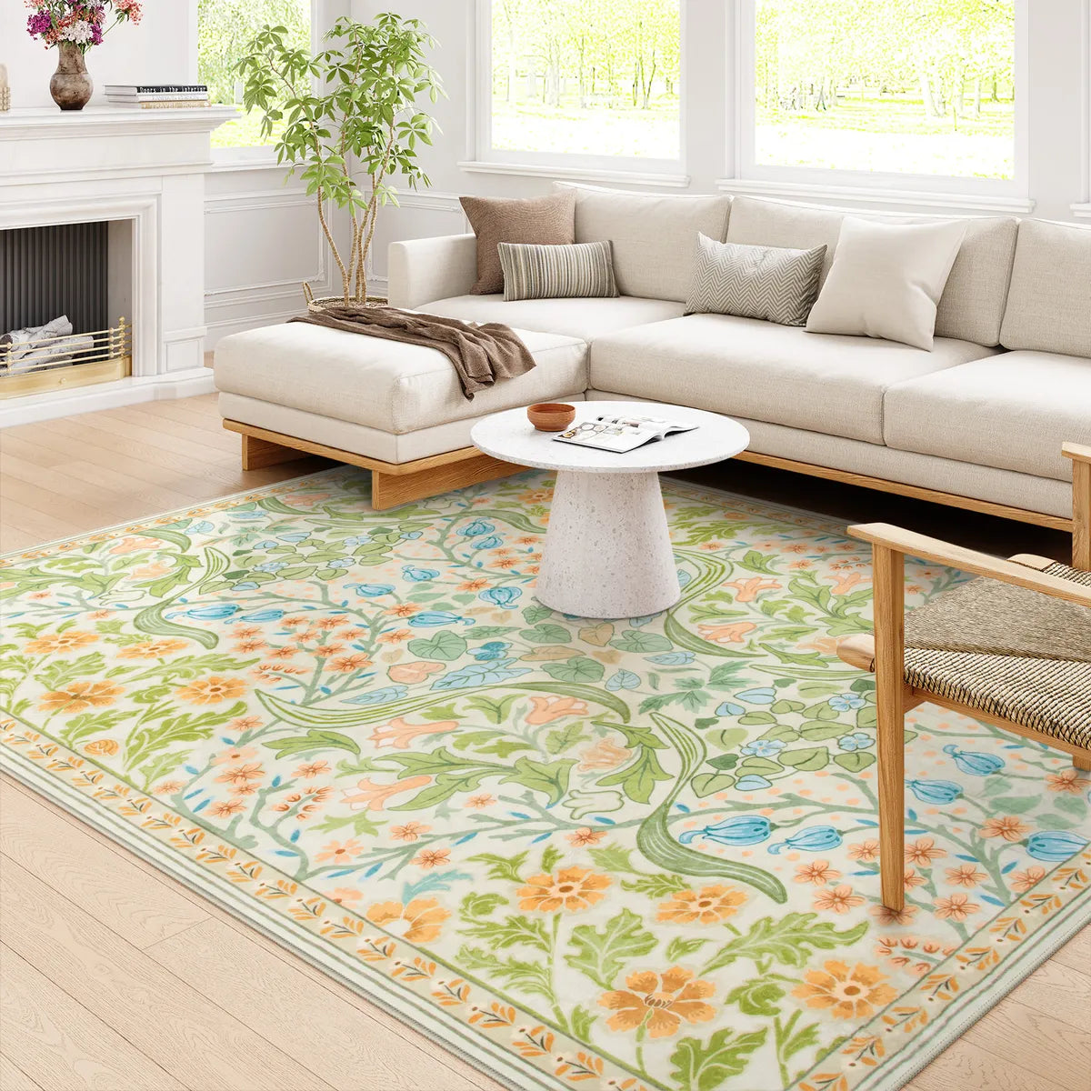 Covaba maximalism vibrant floral area rug in sage mist, styled in a room setting