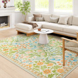 Covaba maximalism vibrant floral area rug in sage mist, styled in a room setting