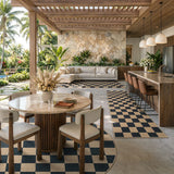 Covaba checkered easy jute natural indoor/outdoor area rug in ink black, styled in a room setting, view 6