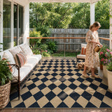 Covaba geometric checkered easy jute indoor/outdoor area rug in ink black, styled in a room setting, view 8