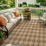 Covaba geometric checkered easy jute indoor/outdoor area rug in dune khaki, styled in a room setting, view 2