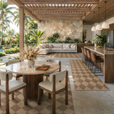 Covaba geometric checkered easy jute indoor/outdoor area rug in dune khaki, styled in a room setting, view 7
