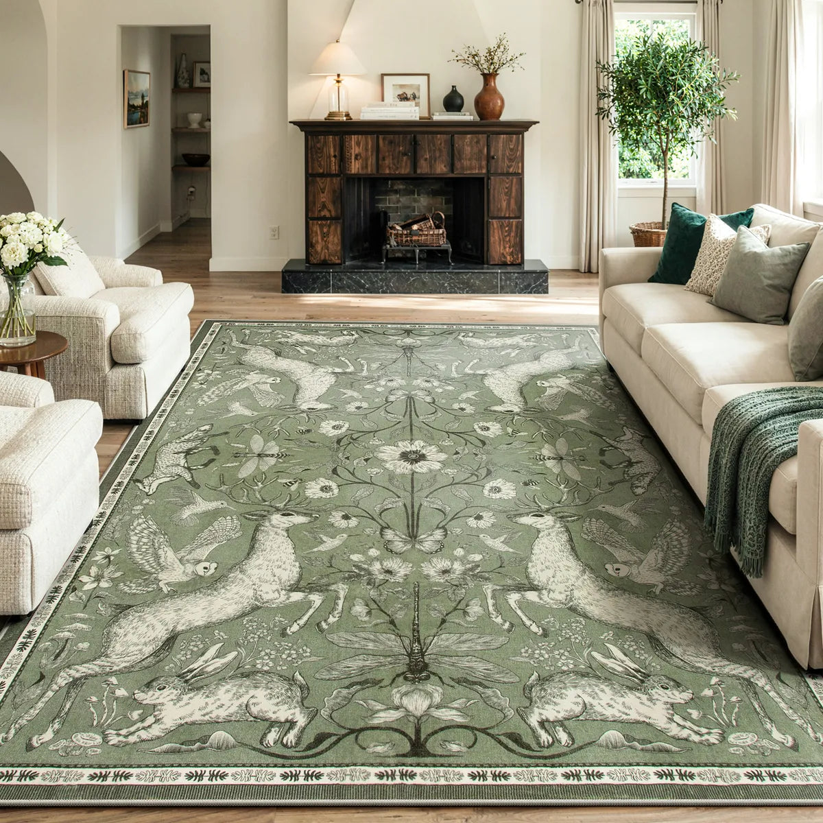 Covaba vintage woodland area rug in olive grove, styled in a room setting