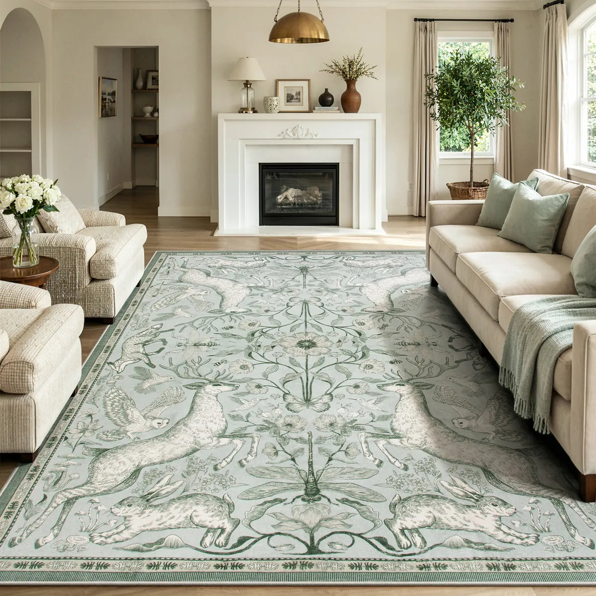 Covaba vintage woodland area rug in willow sage, styled in a room setting