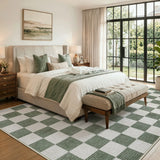 Covaba modern checkerboard area rug in olive grove, styled in a room setting, view 2