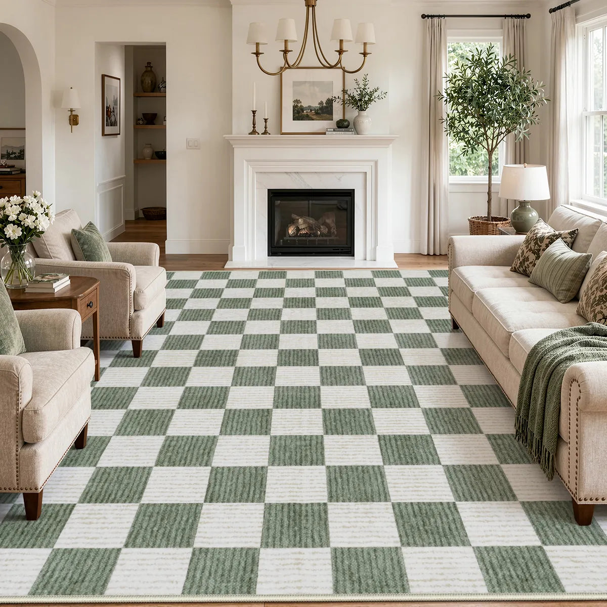 Covaba modern checkerboard area rug in olive grove, styled in a room setting