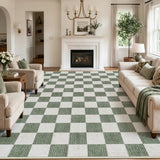 Covaba modern checkerboard area rug in olive grove, styled in a room setting