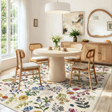 Covaba boho botanical floral area rug in warm beige, styled in a room setting, view 4