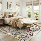Covaba boho botanical floral area rug in warm beige, styled in a room setting, view 2