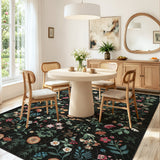 Covaba boho botanical floral area rug in ink black, styled in a room setting, view 3