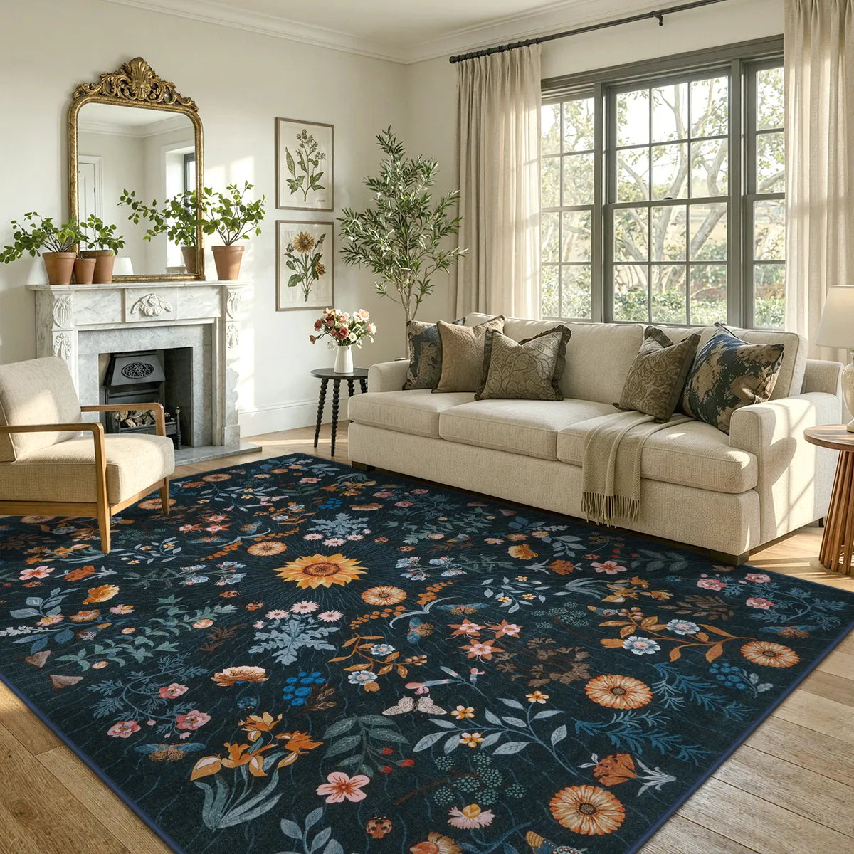 Covaba boho botanical floral area rug in stormy blue, styled in a room setting
