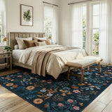 Covaba boho botanical floral area rug in stormy blue, styled in a room setting, view 2