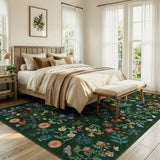 Covaba boho botanical floral area rug in fern green, styled in a room setting, view 2