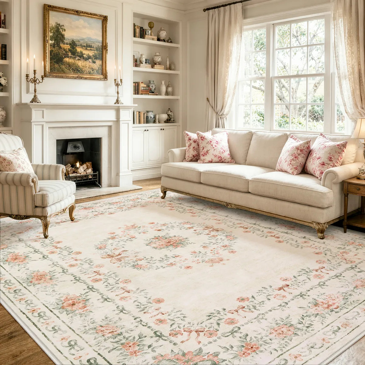 Covaba vintage traditional floral area rug in warm beige, styled in a room setting