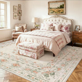 Covaba vintage traditional floral area rug in warm beige, styled in a room setting, view 2