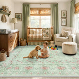 Covaba vintage traditional floral area rug in fern green, styled in a room setting, view 7