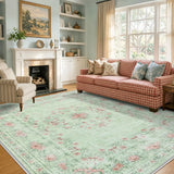 Covaba vintage traditional floral area rug in fern green, styled in a room setting, view 2
