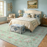 Covaba vintage traditional floral area rug in fern green, styled in a room setting, view 4