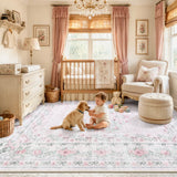 Covaba vintage traditional floral area rug in blush clay, styled in a room setting, view 4