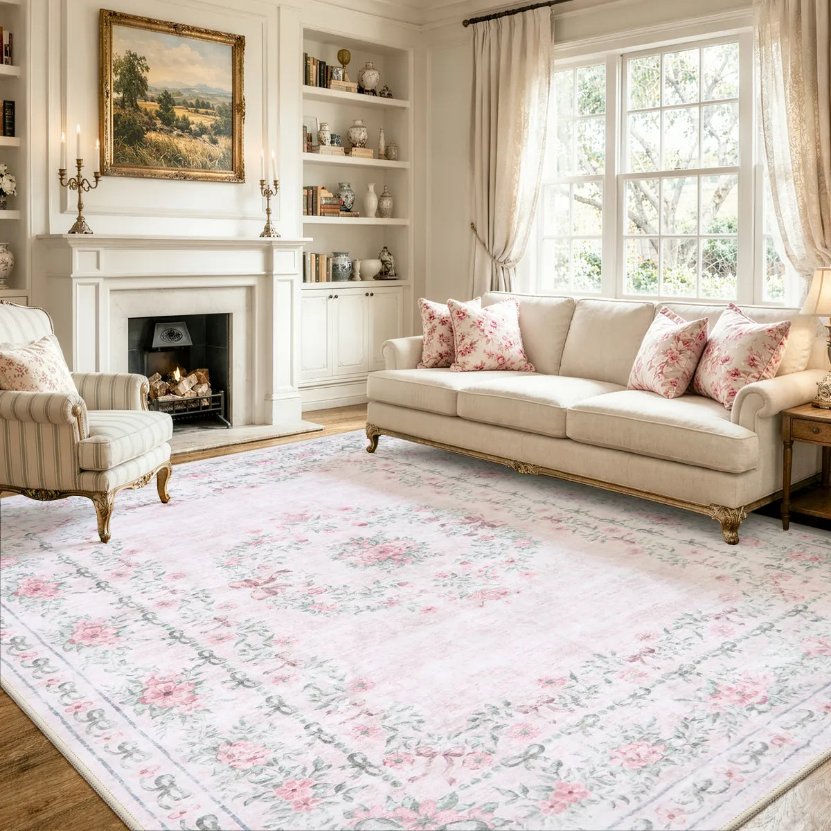 Covaba vintage traditional floral area rug in blush clay, styled in a room setting