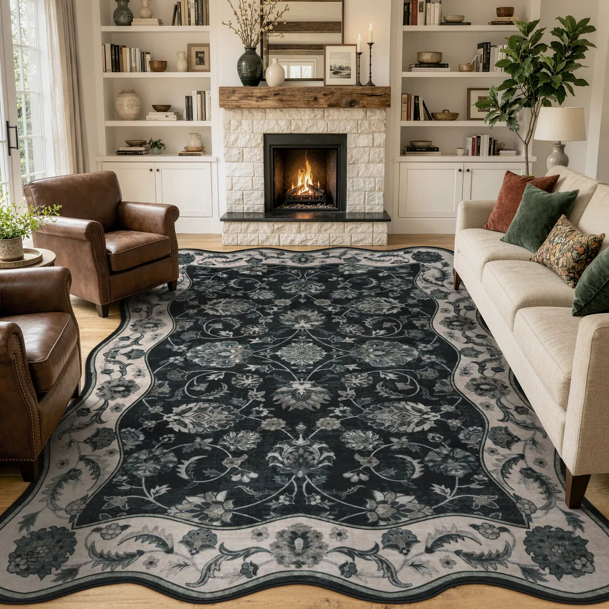 Covaba vintage botanical scalloped area rug in ink black, styled in a room setting