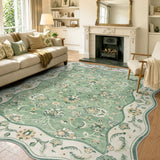 Covaba vintage botanical scalloped area rug in fern green, styled in a room setting, view 6