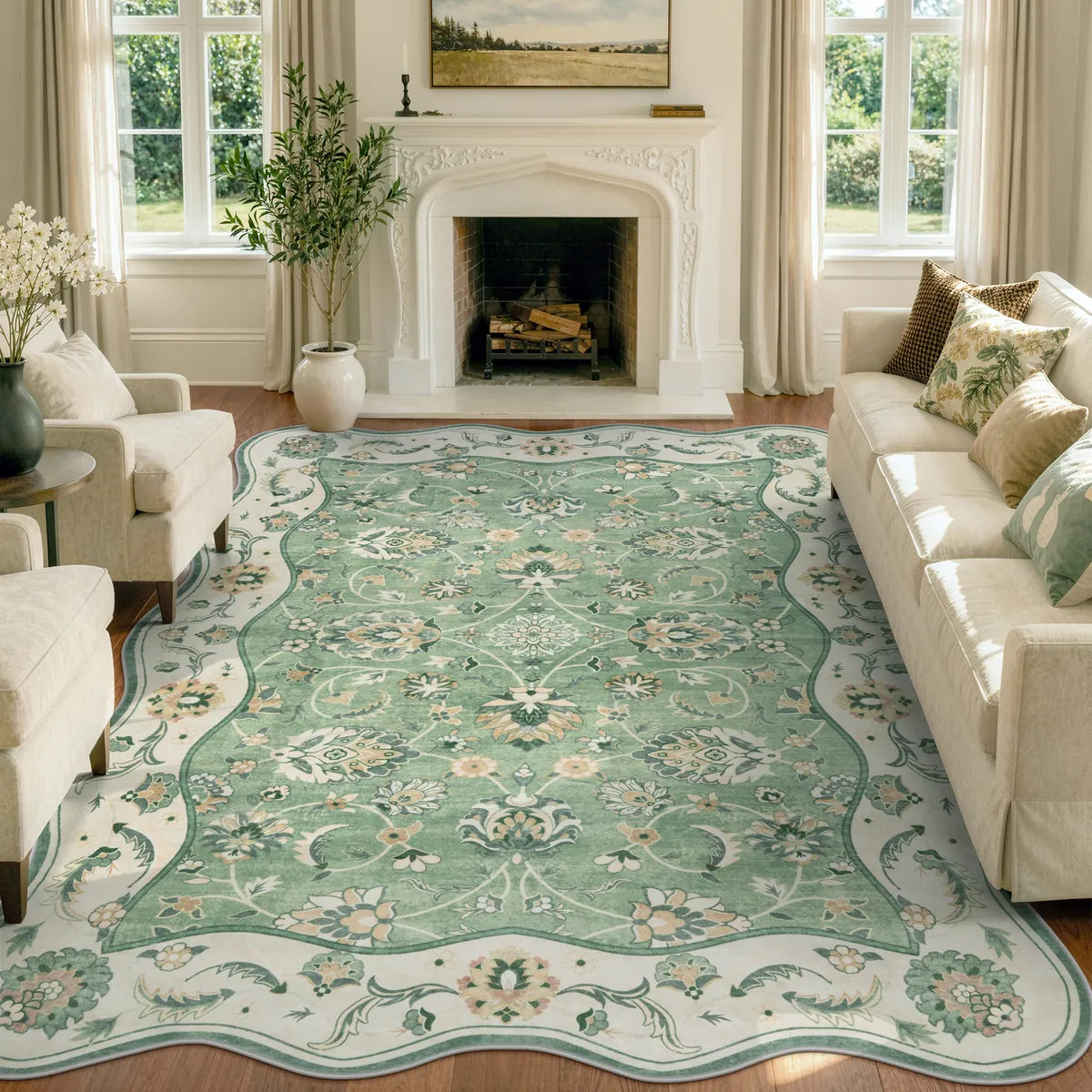 Covaba vintage botanical scalloped area rug in fern green, styled in a room setting