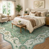 Covaba vintage botanical scalloped area rug in fern green, styled in a room setting, view 3