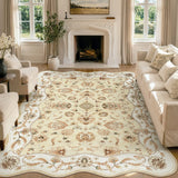 Covaba vintage botanical scalloped area rug in warm beige, styled in a room setting