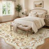 Covaba vintage botanical scalloped area rug in warm beige, styled in a room setting, view 2