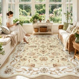 Covaba vintage botanical scalloped area rug in warm beige, styled in a room setting, view 4