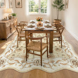 Covaba vintage botanical scalloped area rug in warm beige, styled in a room setting, view 3