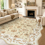 Covaba vintage botanical scalloped area rug in warm beige, styled in a room setting, view 6