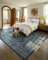 Covaba maximalism vintage french floral area rug in stormy blue, styled in a room setting, view 3